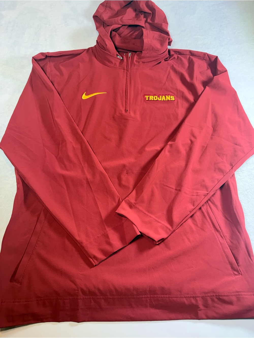 Nike Men’s Cardinal Red Trojans Quarter-Zip Hooded Pullover w/Foldable hood